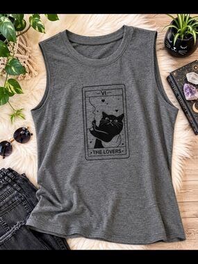 Brand New XL Gray Tarot Cat Graphic Muscle Tank Top Lightweight Cat Lover Tee